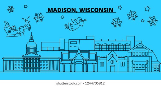 United States, Madison winter holidays skyline. Merry Christmas, Happy New Year decorated banner with Santa Claus.United States, Madison linear christmas city vector flat illustration