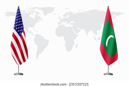 United States and Maldives flags for official meeting against background of world map.