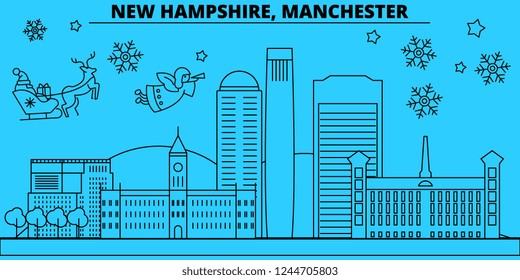 United States, Manchester winter holidays skyline. Merry Christmas, Happy New Year decorated banner with Santa Claus.United States, Manchester linear christmas city vector flat illustration