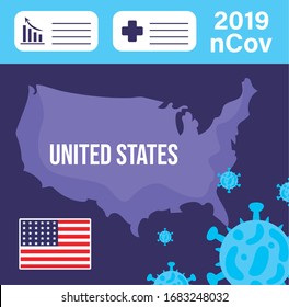 united states map with 2019 ncov infographic vector illustration design
