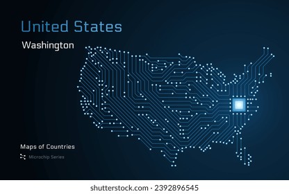 Mapa de Estados Unidos con la capital de Washington, mostrado en un patrón de microchip. Gobierno electrónico. Mapas vectoriales de países del mundo. Serie de microchips