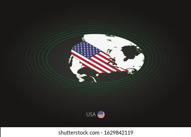 United States map in dark color, oval map with neighboring countries. Vector map and flag of USA
