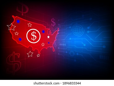 United States map and dollar coin There is an electronic circuit board. Smart city connected to the country. Technology concept.