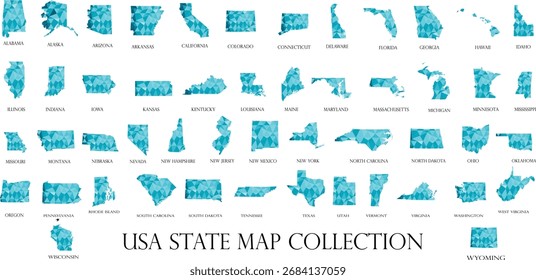 Mapa de los Estados Unidos con los 50 estados representados en un moderno diseño poligonal azul bajo poli. Esta Ilustración vectorial combina Formas geométricas con una elegante estética digital