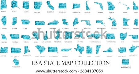 United States map featuring all 50 states rendered in a modern blue low poly polygonal design. This vector illustration combines geometric shapes with a sleek digital aesthetic