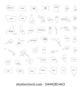 United states map with federal states in silhouette and linear style.