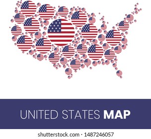 United States map filled with flag-shaped circles, United States of America map with flag