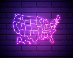 United States Map Glowing Neon Lamp Sign. Realistic Vector Illustration. Purple Brick Wall, Violet Glow