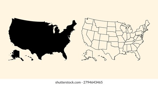 united states map icon with black silhouette and outline of state boundaries