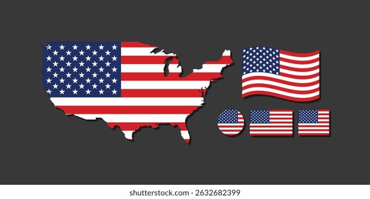 United states map icon with the flag inside isolated on black background. USA flag icons vector set. United States of America flat badges .Flag of usa vector flat symbol collection .USA flag labels