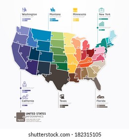 United States Map Infographic Template Jigsaw Concept Banner. Vector Illustration