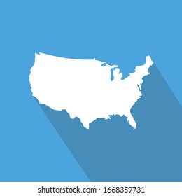 United States map isolated on blue background. Silhouette of USA with long shadow.
