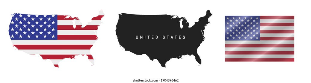 United States. Map with masked flag. Detailed silhouette. Waving flag. Vector illustration isolated on white.