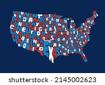 United States map with names in the shape of each state. Red white and blue map design elements for stickers, t-shirts, artwork, posters.
