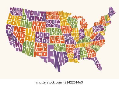 United States map with names in the shape of each state. Colorful map design elements for stickers, t-shirts, posters.