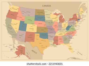 United States Map Old Color. Highly detailed editable political map.