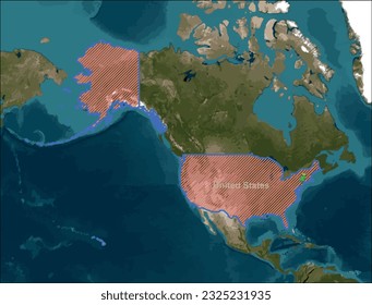 The United States map on a world background. The country and its regions are located in North America, Its vast territories and islands are all around in the North Hemisphere. It has temperate climate