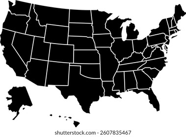 United States Map Outline with State Borders Simple Black and White