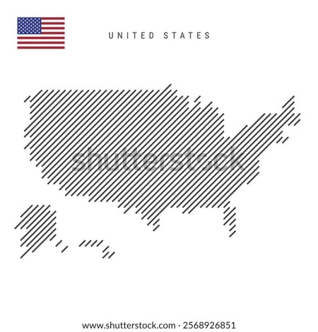 United States map from pattern of black slanted parallel lines. American map with gray diagonal lines. Silhouette of a country made of oblique hatching. Vector illustration isolated on white.