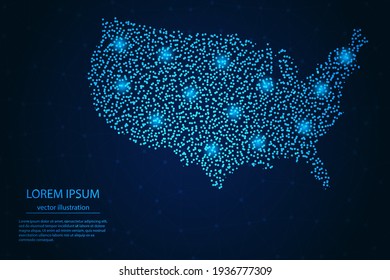 United States map from point blue and glowing stars on a dark background. Vector eps 10.