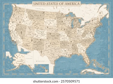 United States Map Retro Vintage Ancient Cartoon - illustration with layers in beige and blue pastel colors