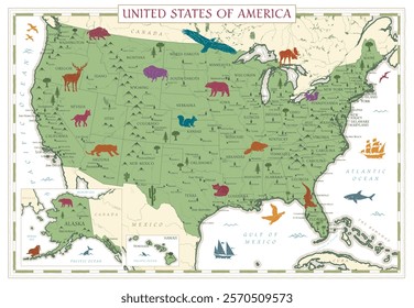 United States Map Retro Vintage Ancient Cartoon - vector colored illustration with layers