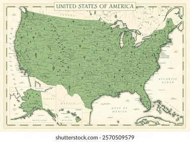 United States Map Retro Vintage Ancient Cartoon - vector colored illustration with layers