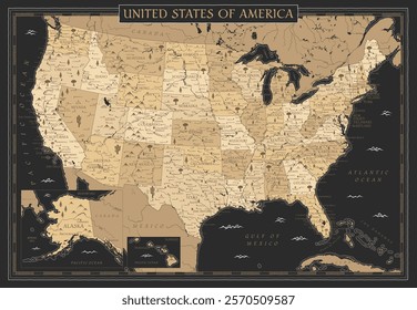 United States Map Retro Vintage Ancient Cartoon - vector illustration with layers in black and golden colors