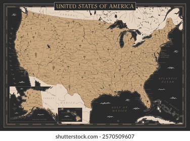 United States Map Retro Vintage Ancient Cartoon - vector illustration with layers in black and golden colors