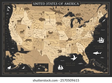 United States Map Retro Vintage Ancient Cartoon - vector illustration with layers in black and golden colors