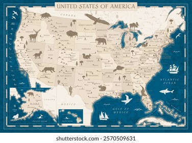 United States Map Retro Vintage Ancient Cartoon - vector illustration with layers in beige and blue colors