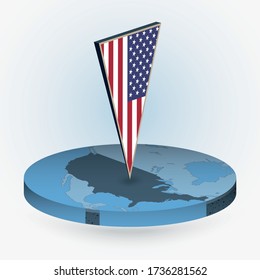 United States Map In Round Isometric Style With Triangular 3D Flag Of USA, Vector Map In Blue Color. 