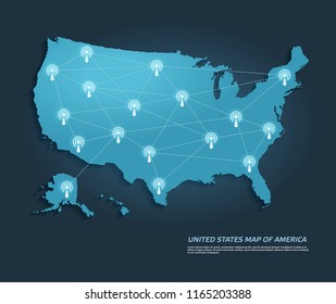 United states map with transmission towers internet connection. Technology concept.