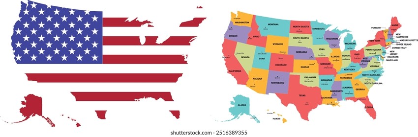 United States map , USA Map. Poster map of United States of America. Print of USA with name states, poster or geographic, political theme. Infographic graphic design print map of USA states. Vector.