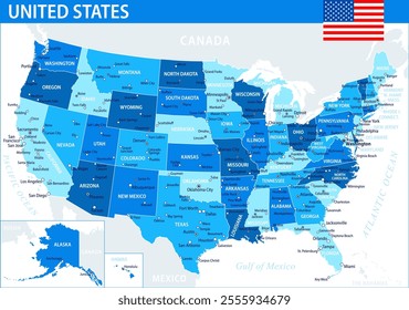 United States Map Vector Blue Spot - Customizable layered political map of United States with administrative divisions for website, education, reports, news, politics, print, poster, wallpaper