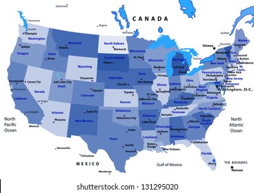 United States map vector. States and capital cities