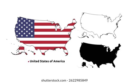 United States Map Vector - Country Outline, Flag Inside Map, Blank and Silhouette Version