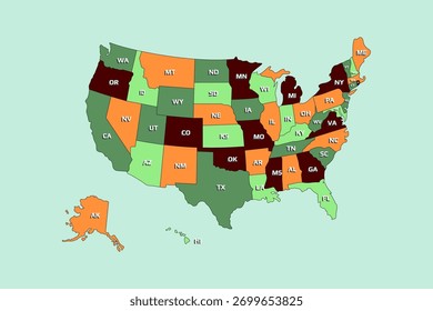 United States Map Vector Graphic für Präsentationen und Designs in den Farben Grün und Orange. für Ihr Projekt