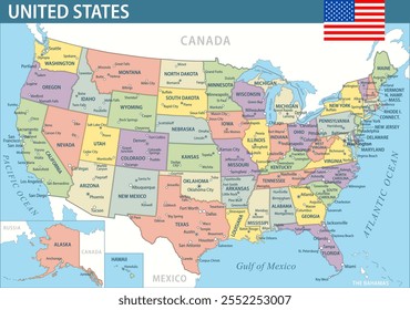 United States Map Vector New 2024 Colorful - Customizable layered political map of United States with administrative divisions for website, education, reports, news, politics, print, poster, wallpaper