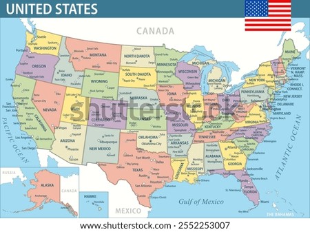 United States Map Vector New 2024 Colorful - Customizable layered political map of United States with administrative divisions for website, education, reports, news, politics, print, poster, wallpaper