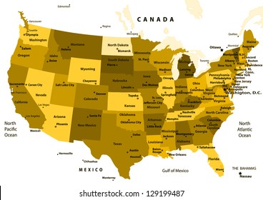 United States map vector - ocher States and capital cities.Vector illustration