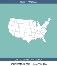 United States map vector outline illustration with states borders and the name of its continent in blue background. A creative map of USA for educational purposes