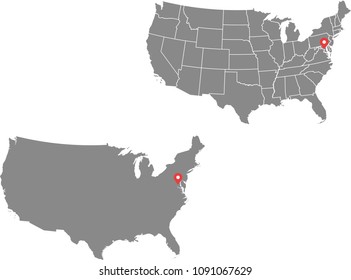 United States map vector outline illustration cartography in gray background. Vector map of USA with capital location marked