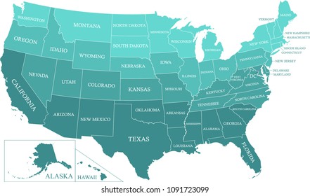 United States map vector outline with states names labeled in blue color gradient background. A new creative illustration map of USA