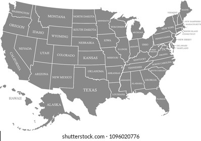 United States map vector outline gray background. Map of USA with states borders and names labeled