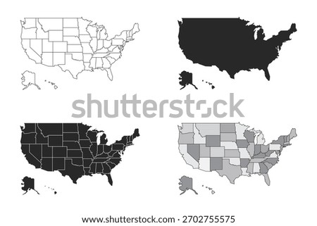 United States Map Vector Set – Outline, Silhouette, and States Map Collection