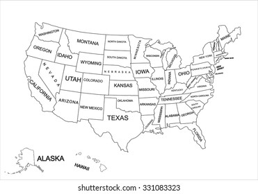 United States map vector silhouette illustration with separated states. United states of America map isolated on background. USA map. Administrative divisions of United States.