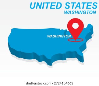 Estados Unidos Mapa Vetor, Washington DC Capital Marker on Blue 3D Country Shape, Estados Unidos Infográfico Design, Ponteiro de Destino Editável Estados Unidos Geografia