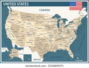 United States Map Vintage Dark Blue Beige - Customizable layered political map of United States with administrative divisions for website, education, reports, news, politics, print, poster, wallpaper