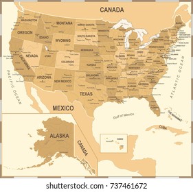 United States Map - Vintage Detailed Vector Illustration